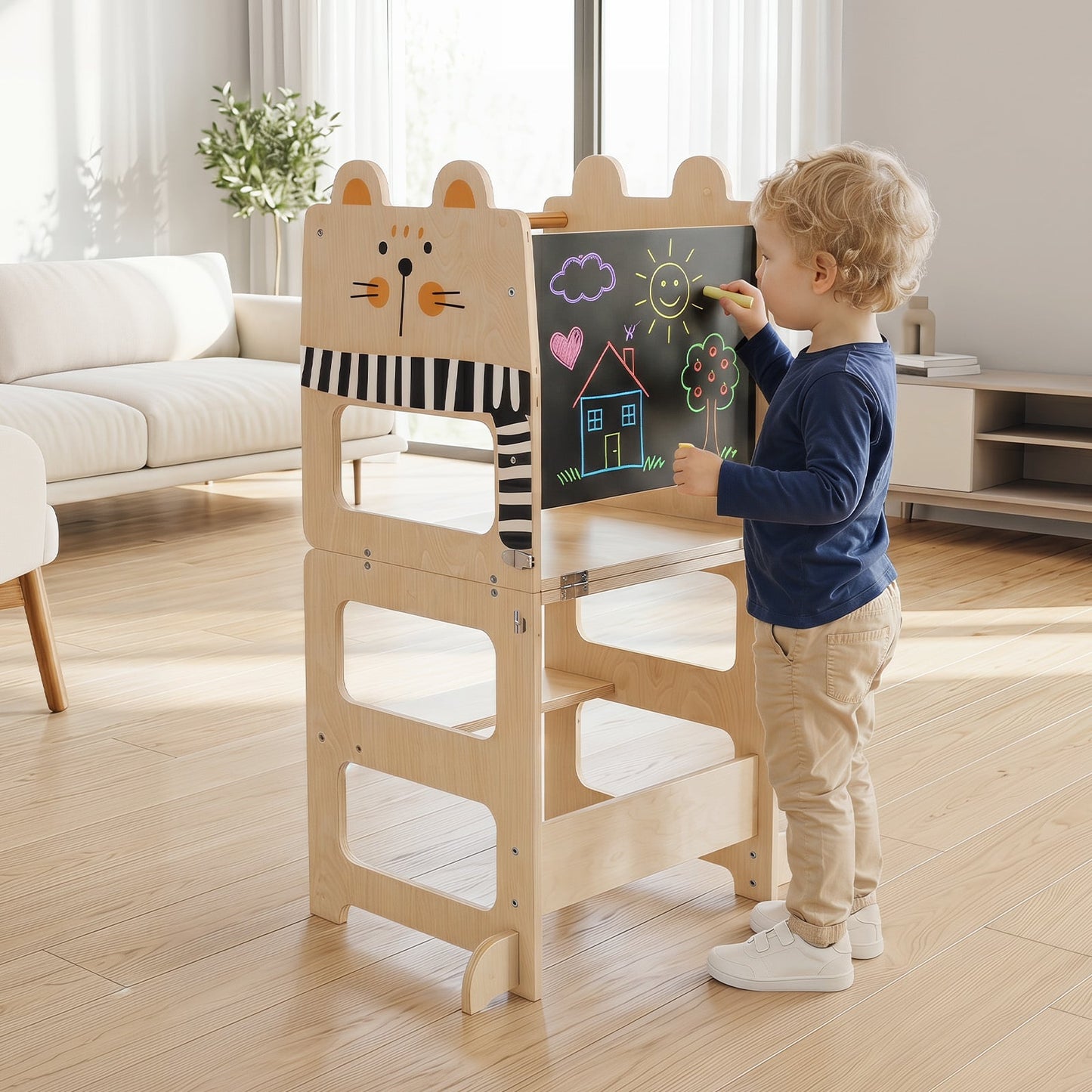 3-in-1 Toddler Kitchen Step Stool Foldable Standing Tower with Blackboard-Cat