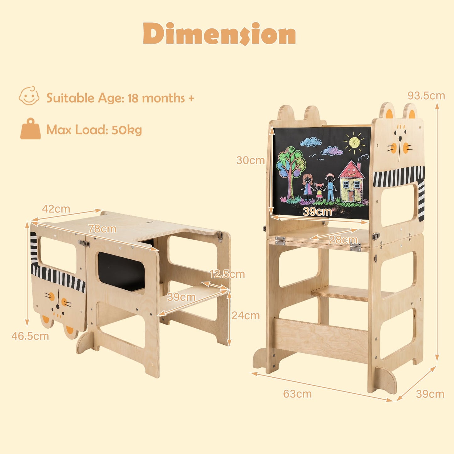 3-in-1 Toddler Kitchen Step Stool Foldable Standing Tower with Blackboard-Cat