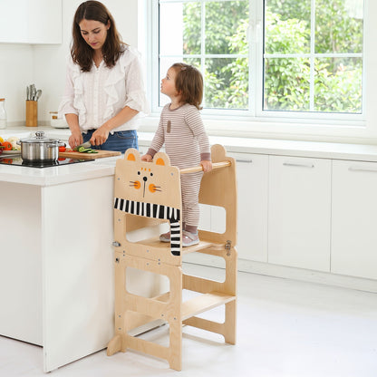 3-in-1 Toddler Kitchen Step Stool Foldable Standing Tower with Blackboard-Cat