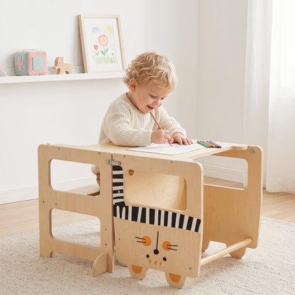3-in-1 Toddler Kitchen Step Stool Foldable Standing Tower with Blackboard-Cat