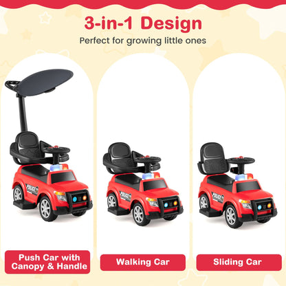 3-in-1 Toddler Push Car with Handle Canopy and Siren Flashing Light for 18-36 Month Kids-Red
