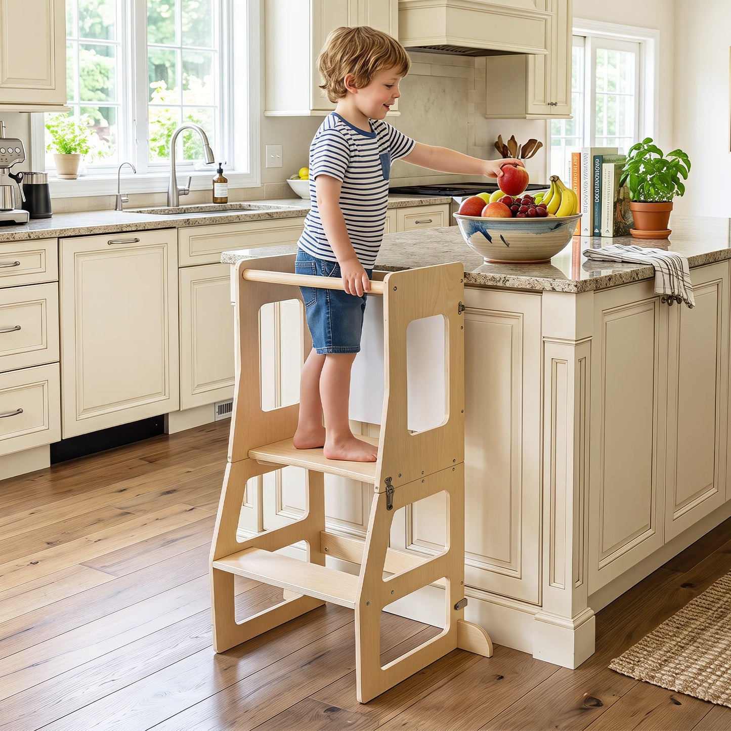 3-in-1 Toddler Standing Tower with Blackboard and Anti-Falling Solid Wood Rod-Natural