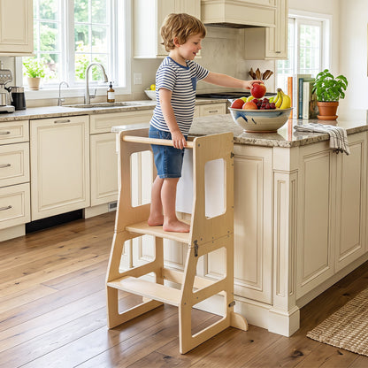 3-in-1 Toddler Standing Tower with Blackboard and Anti-Falling Solid Wood Rod-Natural