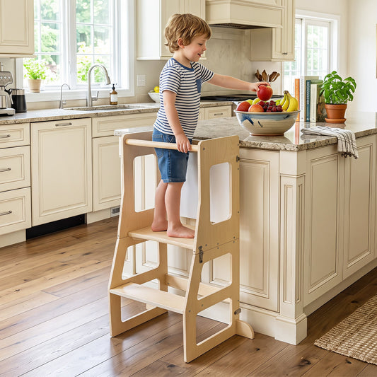 3-in-1 Toddler Standing Tower with Blackboard and Anti-Falling Solid Wood Rod-Natural