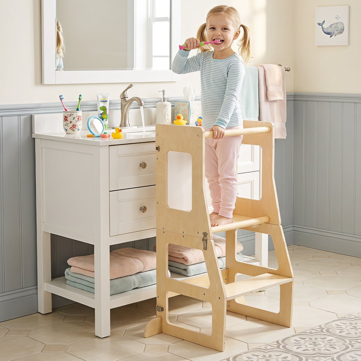3-in-1 Toddler Standing Tower with Blackboard and Anti-Falling Solid Wood Rod-Natural