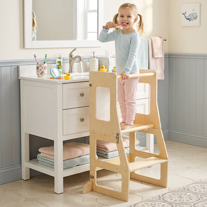 3-in-1 Toddler Standing Tower with Blackboard and Anti-Falling Solid Wood Rod-Natural