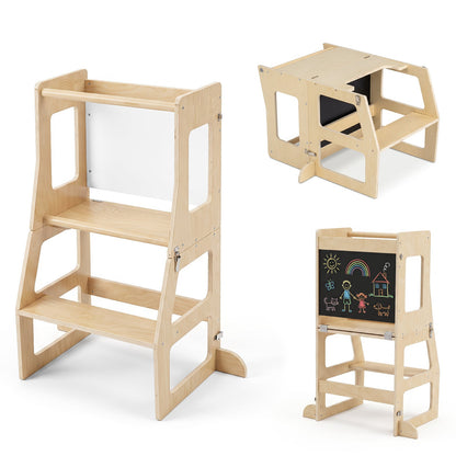 3-in-1 Toddler Standing Tower with Blackboard and Anti-Falling Solid Wood Rod-Natural