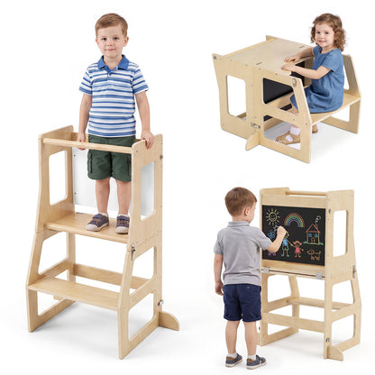 3-in-1 Toddler Standing Tower with Blackboard and Anti-Falling Solid Wood Rod-Natural