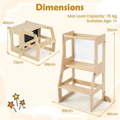 3-in-1 Toddler Standing Tower with Blackboard and Anti-Falling Solid Wood Rod-Natural