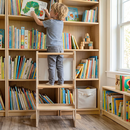 3-in-1 Toddler Standing Tower with Blackboard and Anti-Falling Solid Wood Rod-Natural