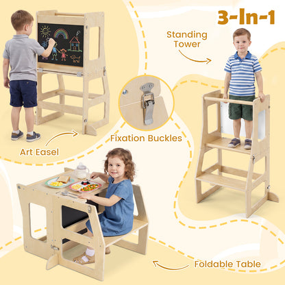 3-in-1 Toddler Standing Tower with Blackboard and Anti-Falling Solid Wood Rod-Natural