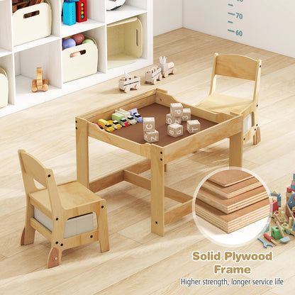 3 in 1 Wooden Kids Table and Chair Set with Removable Tabletop and Drawers-Beige