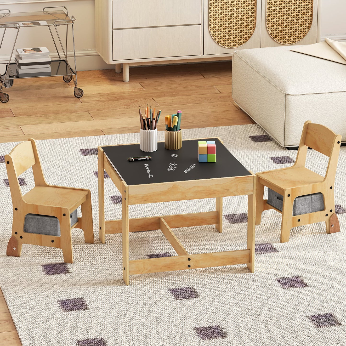 3 in 1 Wooden Kids Table and Chair Set with Removable Tabletop and Drawers-Grey