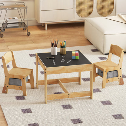 3 in 1 Wooden Kids Table and Chair Set with Removable Tabletop and Drawers-Grey