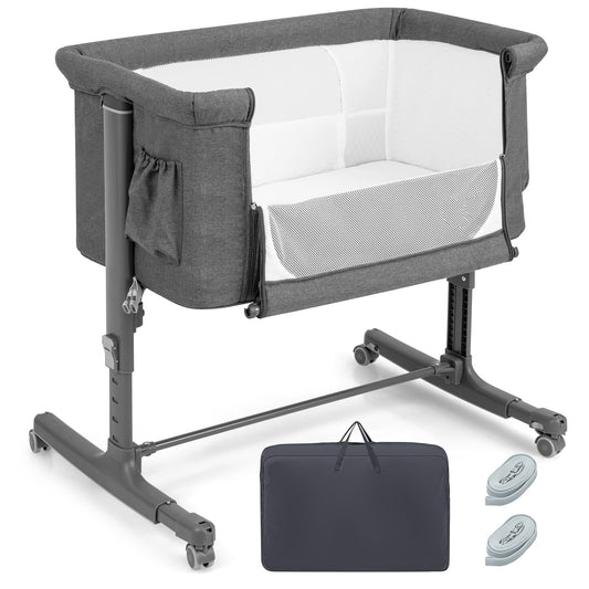 3-in-1 Adjustable Baby Bedside Bassinet with Mattress-Grey