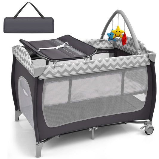 3 in 1 Baby Playard Portable Infant Nursery Center with Toy Bar-Grey