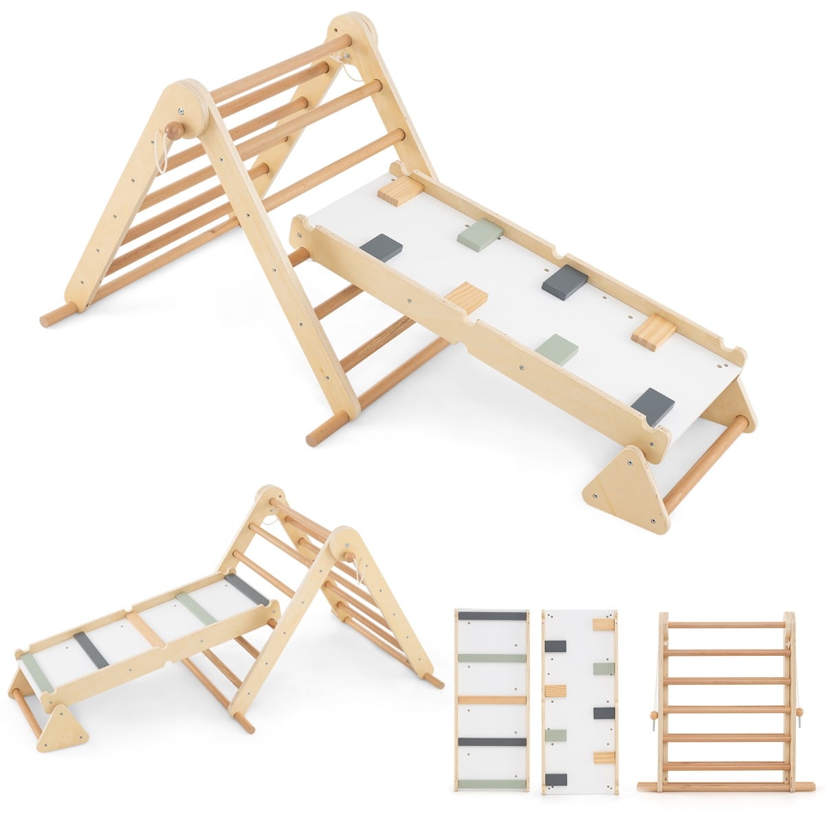 3-in-1 Pikler Triangle Climbing Set with Dual-Side Ramp and Adjustable Climbing Triangle-Natural