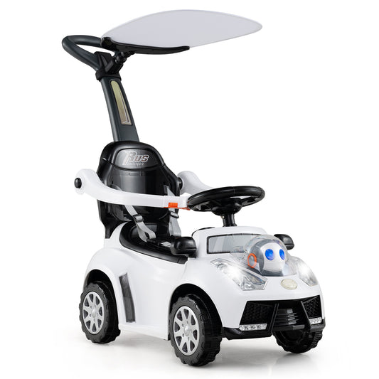 3-in-1 Push Car for Toddler Sliding Car with Seat Belt and Canopy-White