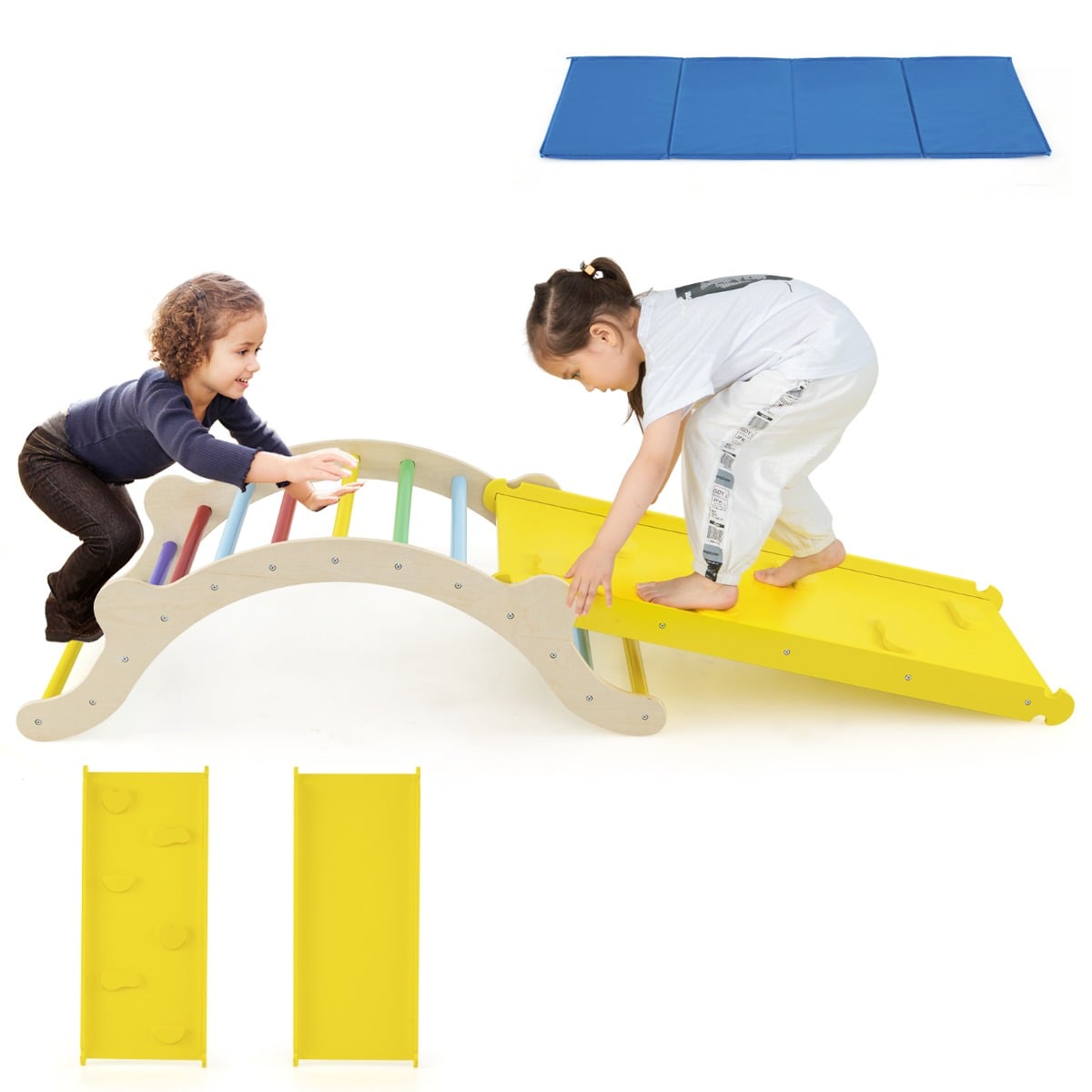 3-In-1 Wooden Climber with Ramp Toddler Climber Arch-Multicolor