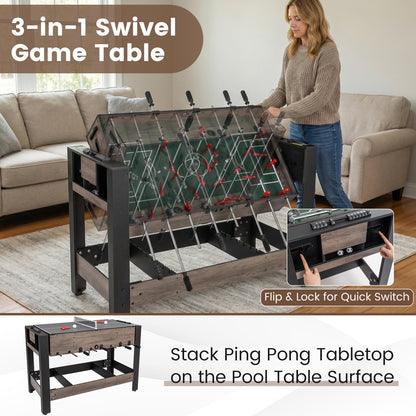 3-in-1 124CM Swivel Game Table with Foosball Pool Billiards Table Tennis-Brown