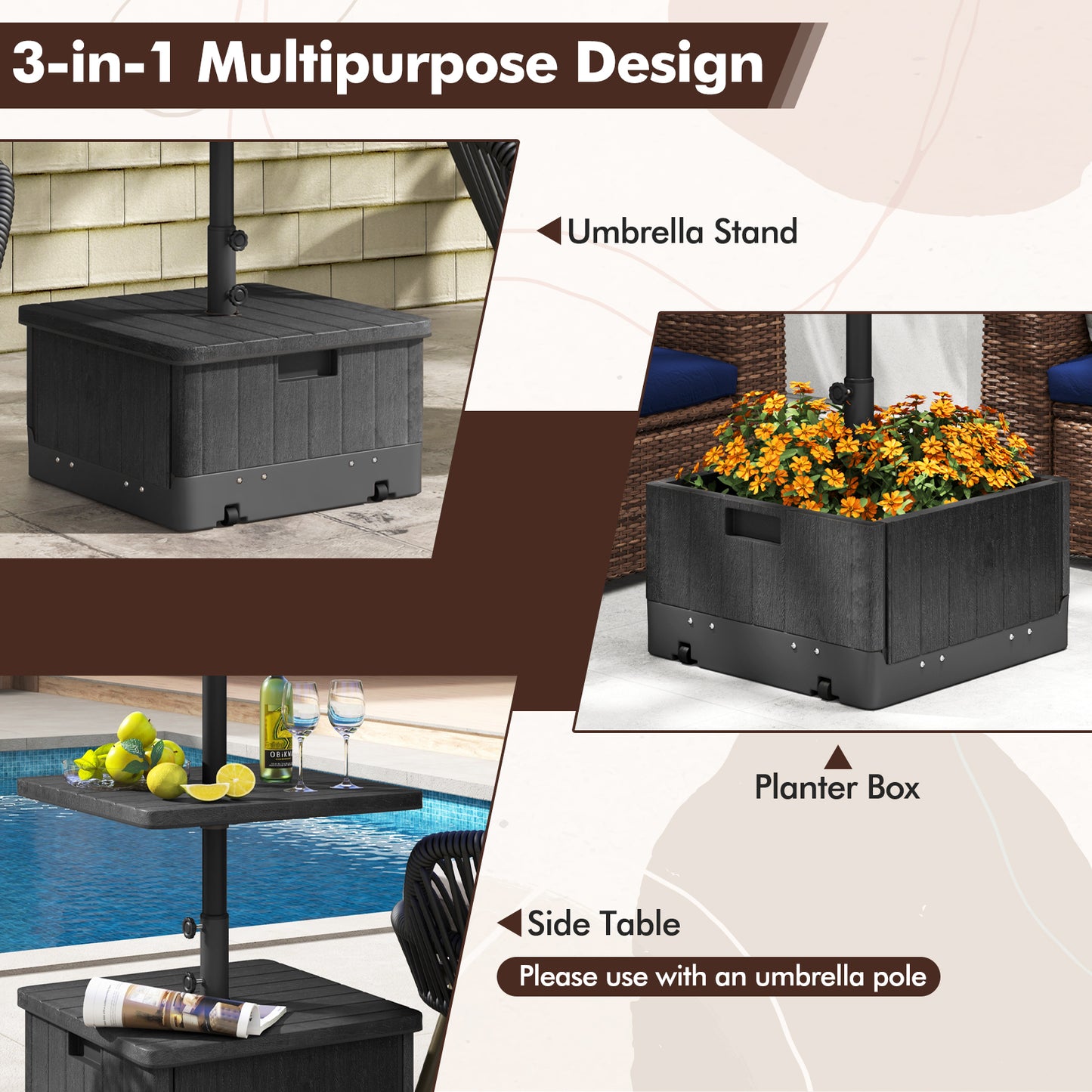 3-in-1 Patio Umbrella Base with Adjustable Tray and Weighted Bag-Black