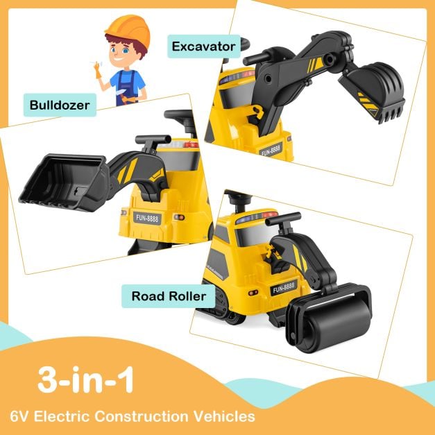 3-in-1 Ride on Tractor Electric Excavator Bulldozer Roller with Adjustable Arms-Yellow