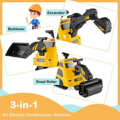 3-in-1 Ride on Tractor Electric Excavator Bulldozer Roller with Adjustable Arms-Yellow
