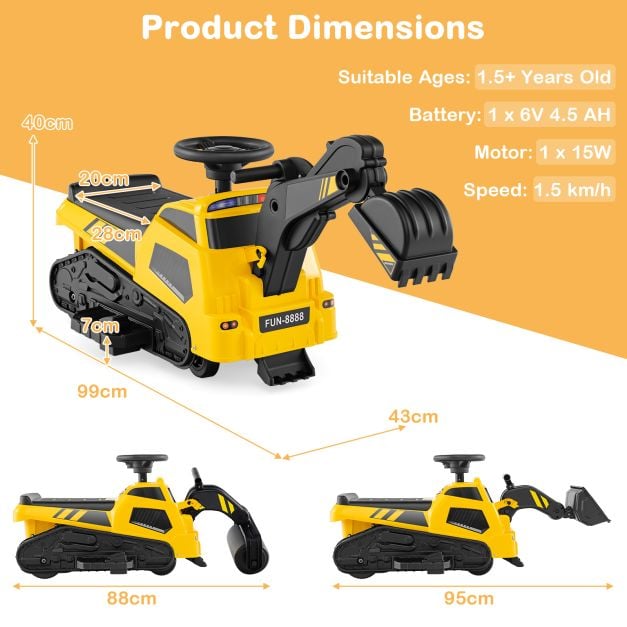 3-in-1 Ride on Tractor Electric Excavator Bulldozer Roller with Adjustable Arms-Yellow