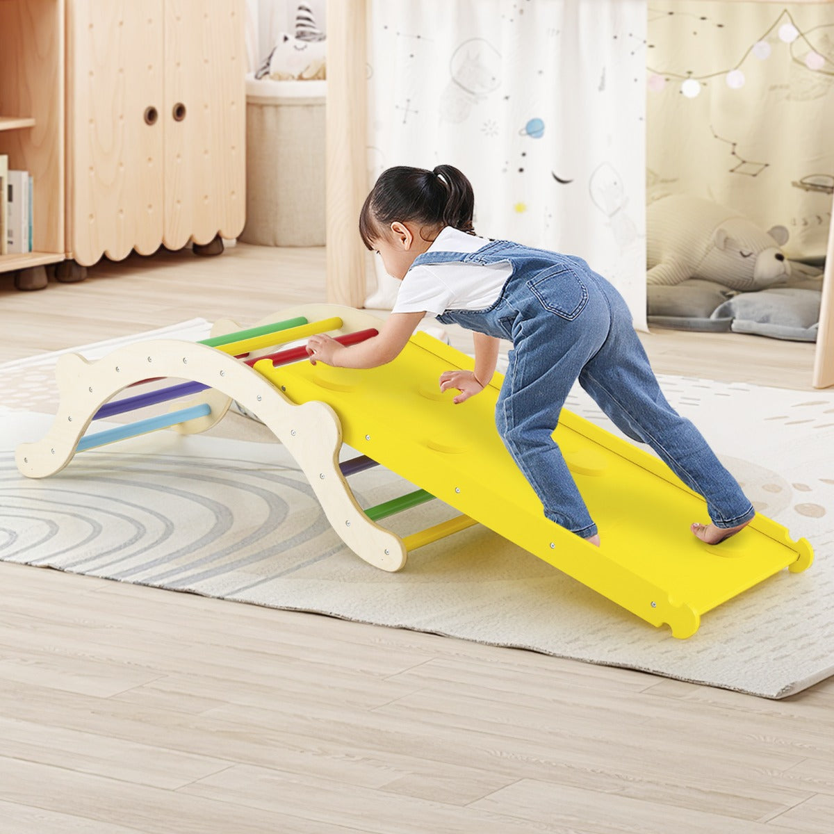 3-In-1 Wooden Climber with Ramp Toddler Climber Arch-Multicolor