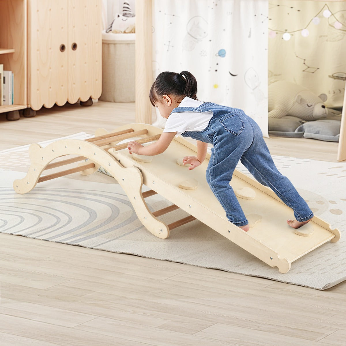 3-In-1 Wooden Climber with Ramp Toddler Climber Arch-Natural