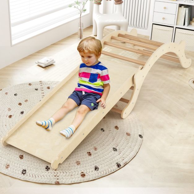 3-In-1 Wooden Climber with Ramp Toddler Climber Arch-Natural