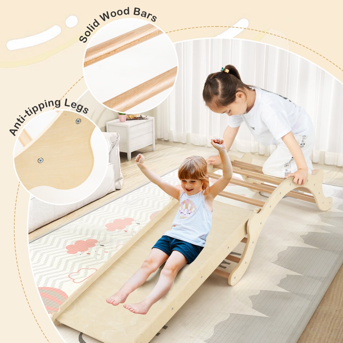 3-In-1 Wooden Climber with Ramp Toddler Climber Arch-Natural