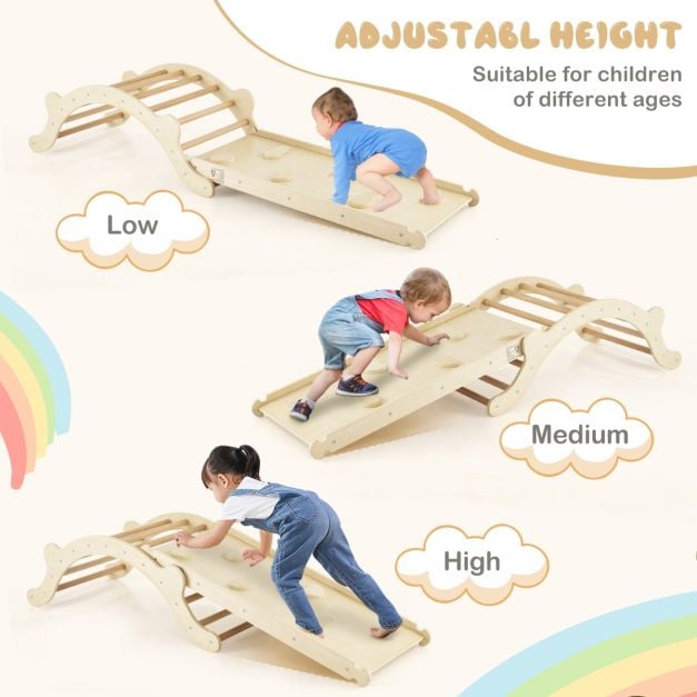 3-In-1 Wooden Climber with Ramp Toddler Climber Arch-Natural