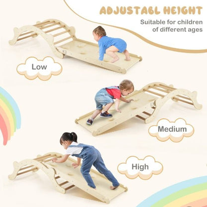 3-In-1 Wooden Climber with Ramp Toddler Climber Arch-Natural