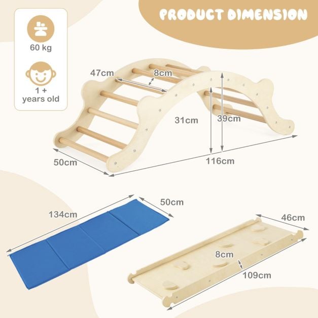 3-In-1 Wooden Climber with Ramp Toddler Climber Arch-Natural