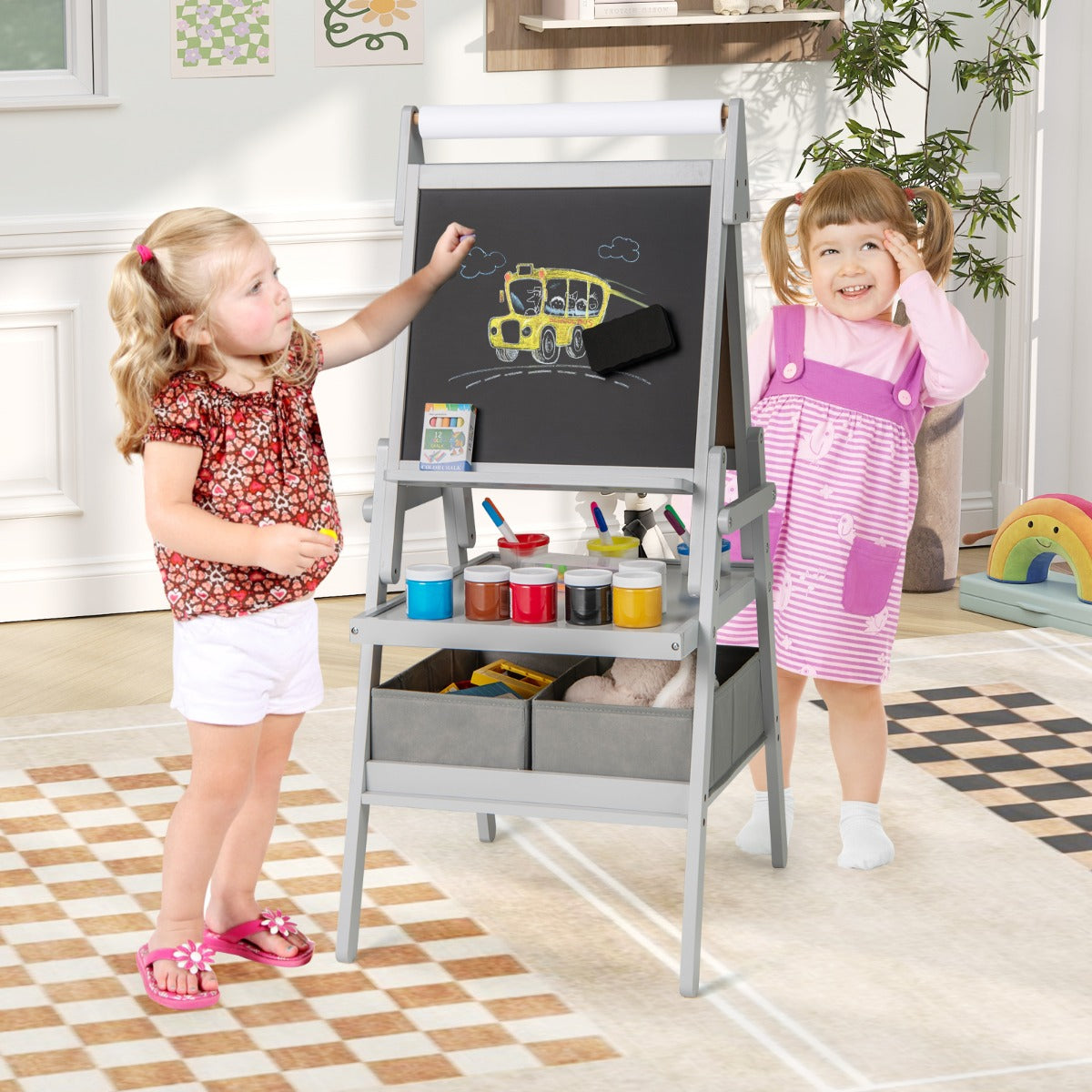 3-in-1 Art Easel for Kids with Magnetic Chalkboard and Whiteboard-Gray