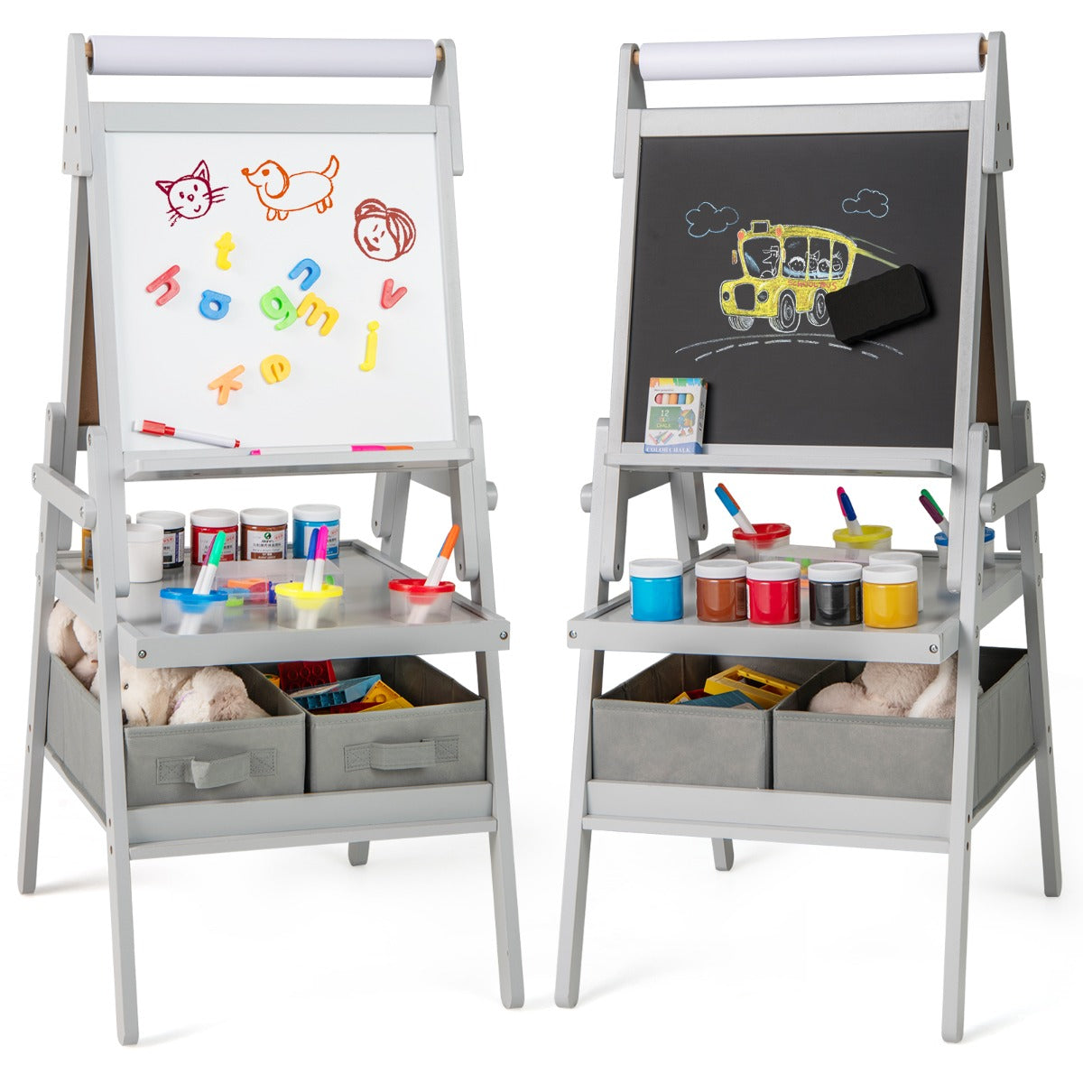 3-in-1 Art Easel for Kids with Magnetic Chalkboard and Whiteboard-Gray