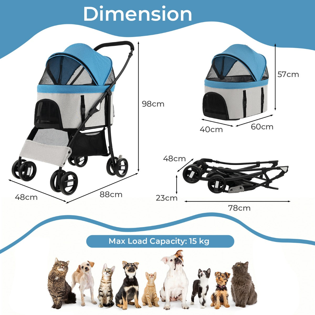 Foldable Pet Stroller with 4-Level Adjustable Canopy and Storage Basket-Blue