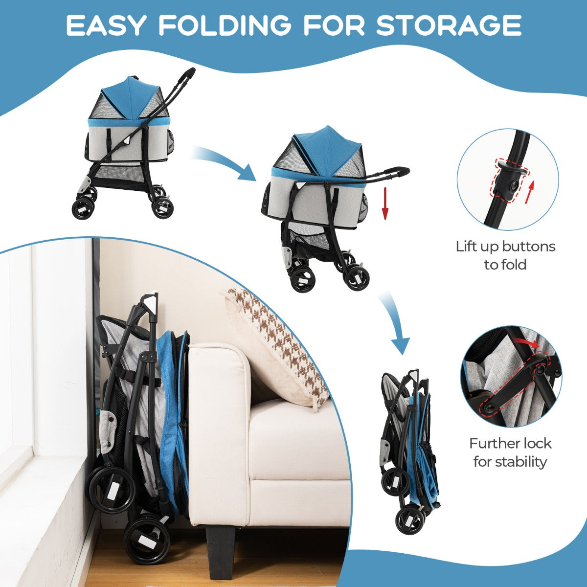 Foldable Pet Stroller with 4-Level Adjustable Canopy and Storage Basket-Blue