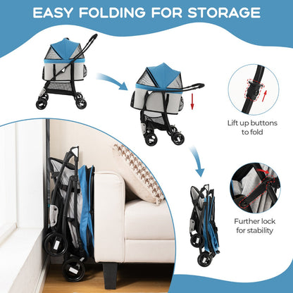 Foldable Pet Stroller with 4-Level Adjustable Canopy and Storage Basket-Blue