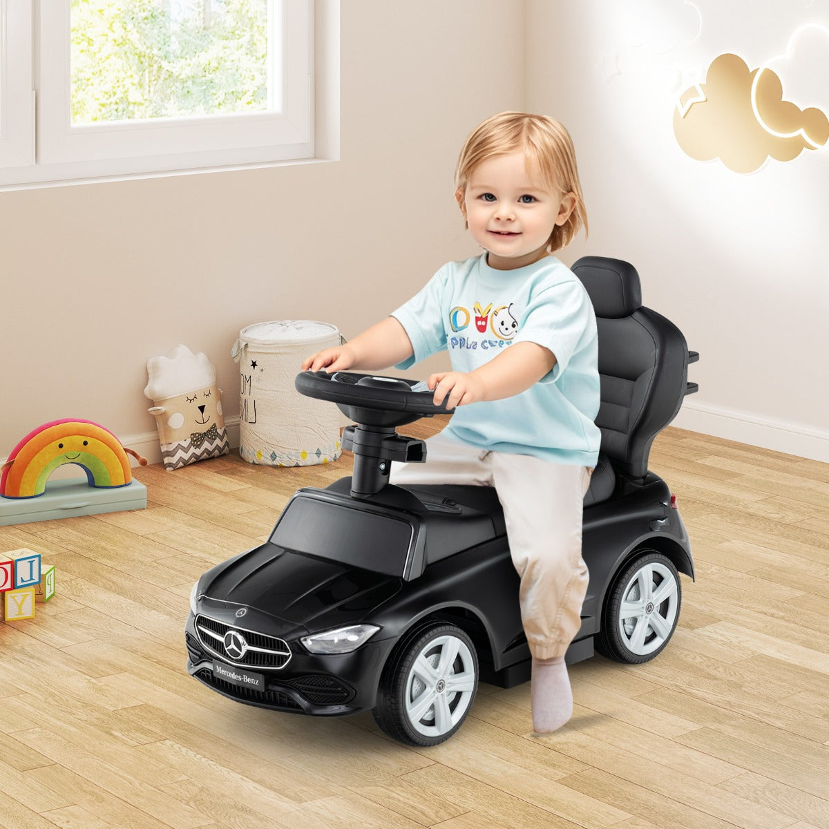 3-in-1 Ride on Push Car with Adjustable Canopy and Steering Push Bar-Black