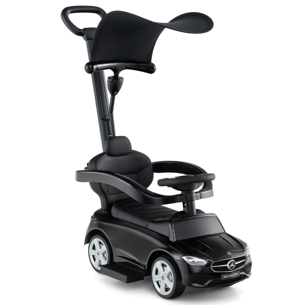 3-in-1 Ride on Push Car with Adjustable Canopy and Steering Push Bar-Black