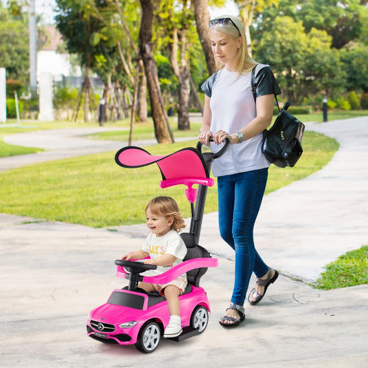 3-in-1 Ride on Push Car with Adjustable Canopy and Steering Push Bar-Pink