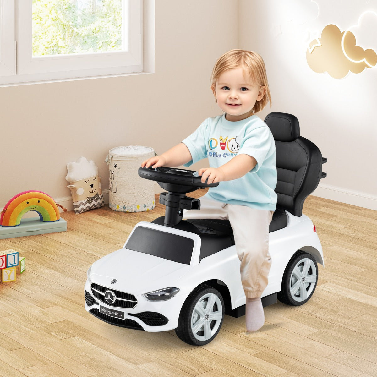 3-in-1 Ride on Push Car with Adjustable Canopy and Steering Push Bar-White