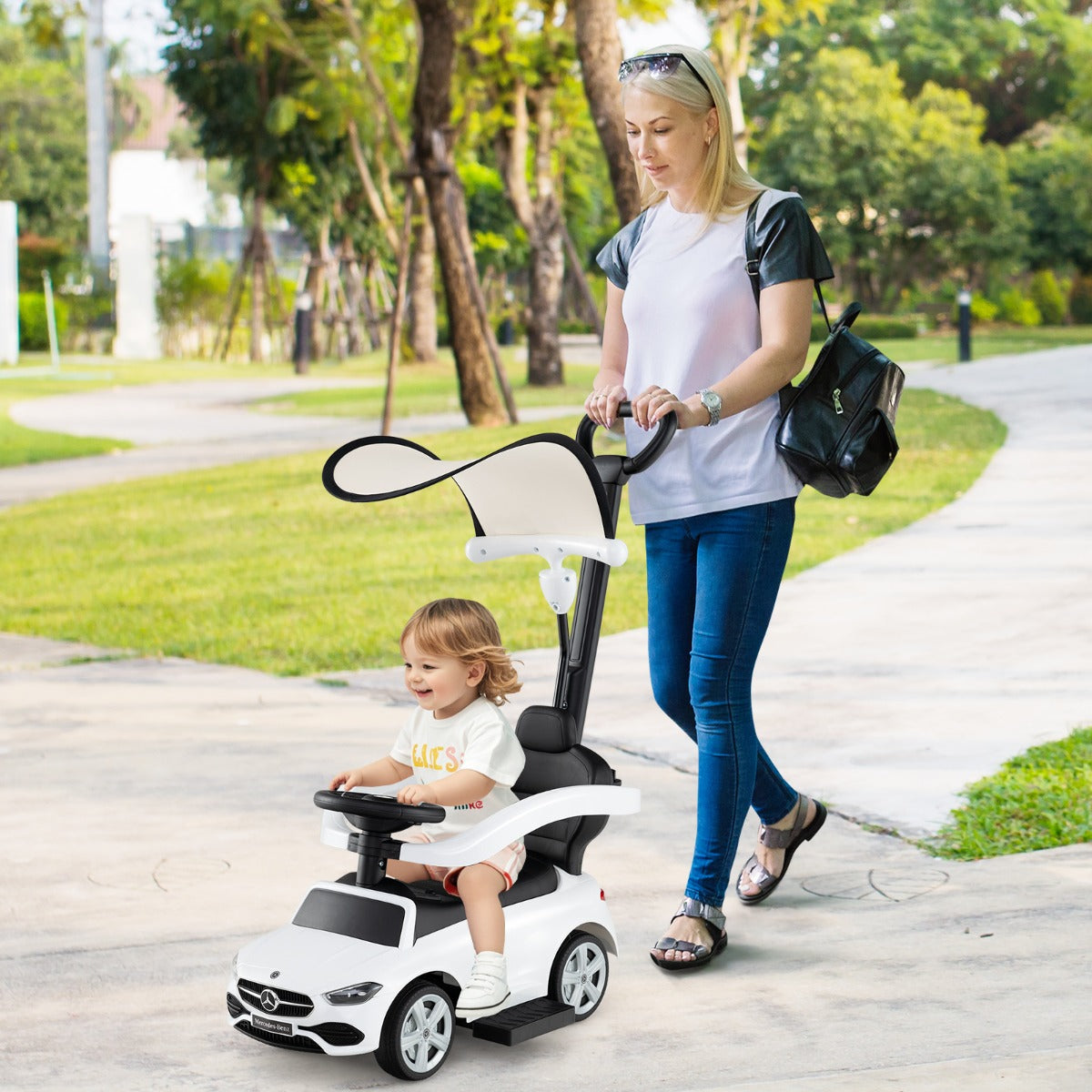 3-in-1 Ride on Push Car with Adjustable Canopy and Steering Push Bar-White