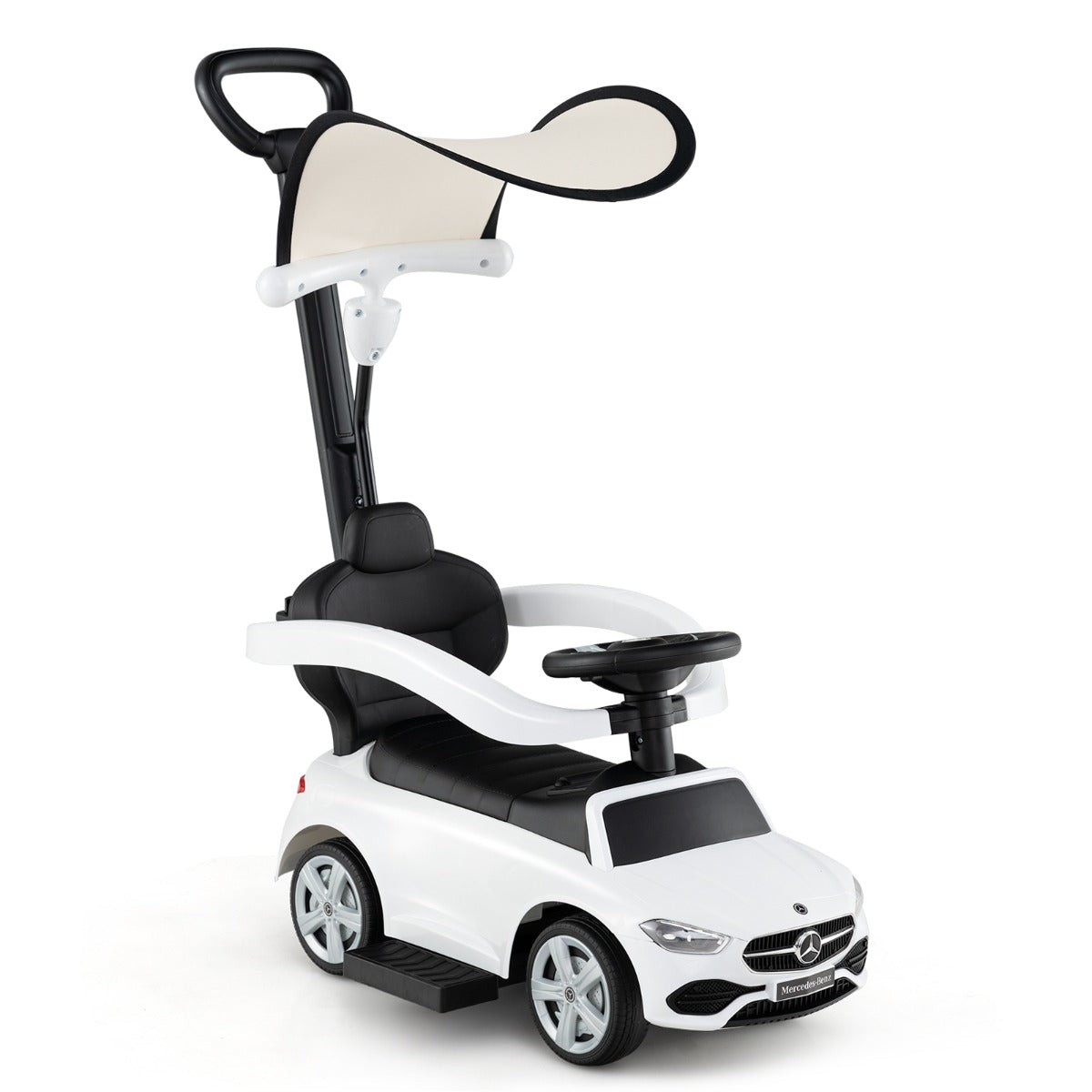 3-in-1 Ride on Push Car with Adjustable Canopy and Steering Push Bar-White