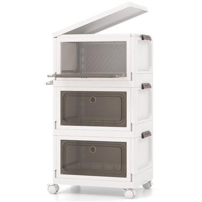 3-Pack Stackable Storage Bins with Lockable Wheels for Dorm Pantry Bedroom-White