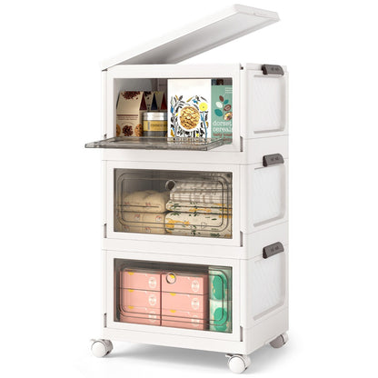 3-Pack Stackable Storage Bins with Lockable Wheels for Dorm Pantry Bedroom-White