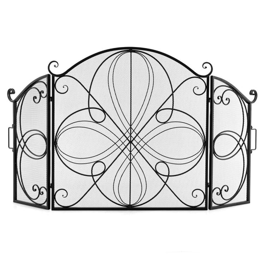 3-Panel Folding Spark Guard with Floral Pattern for Living Room