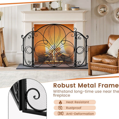 3-Panel Folding Spark Guard with Floral Pattern for Living Room